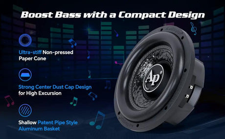 Audiopipe shallow subwoofer feature graphic highlighting a non-pressed paper cone, strong dust cap and aluminum basket