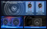 Subwoofer installation and wiring graphic showing parallel 2-ohm and series 8-ohm connections
