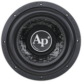 Front view of an Audiopipe subwoofer with mottled cone, white AP logo and broad black surround
