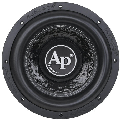 Front view of an Audiopipe subwoofer with mottled cone, white AP logo and broad black surround