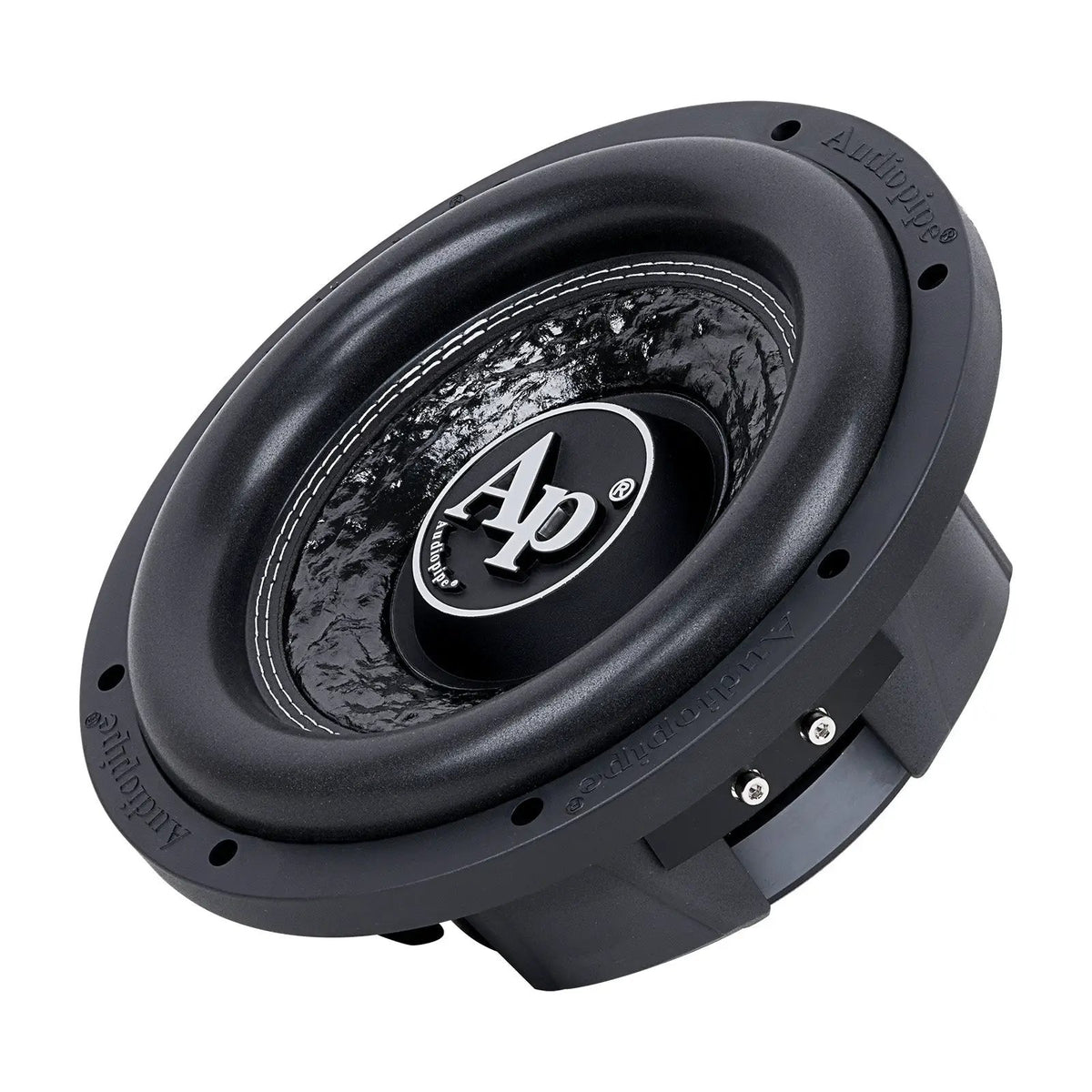 Angled front view of an Audiopipe shallow subwoofer with white AP logo and mottled cone