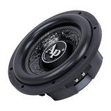 Angled front view of an Audiopipe shallow subwoofer with white AP logo and mottled cone