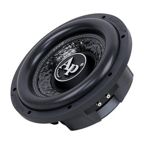 Angled front view of an Audiopipe shallow subwoofer with white AP logo and mottled cone