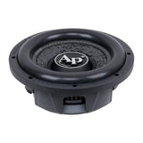 Audiopipe shallow-profile subwoofer with a textured black cone, upper angled view