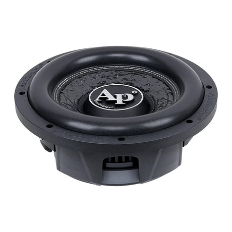 Audiopipe shallow-profile subwoofer with a textured black cone, upper angled view