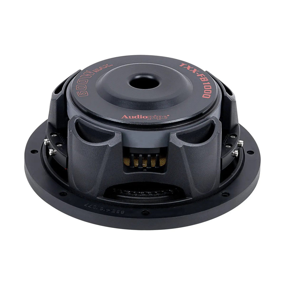 Rear-angled view of an Audiopipe shallow subwoofer with basket vents and central magnet opening
