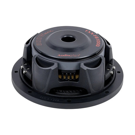 Rear-angled view of an Audiopipe shallow subwoofer with basket vents and central magnet opening