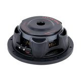 Rear-angled view of an Audiopipe shallow subwoofer with terminal block beside its basket vents