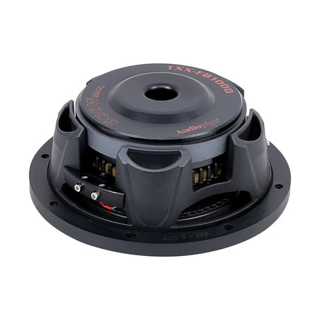 Rear-angled view of an Audiopipe shallow subwoofer with terminal block beside its basket vents