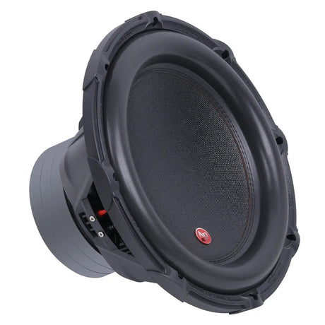 Angled front view of an Audiopipe subwoofer showing its textured cone, red badge and side terminals