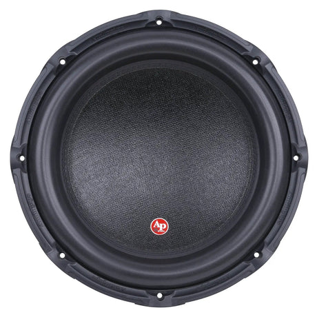 Front view of an Audiopipe subwoofer with a broad textured cone and small red AP badge