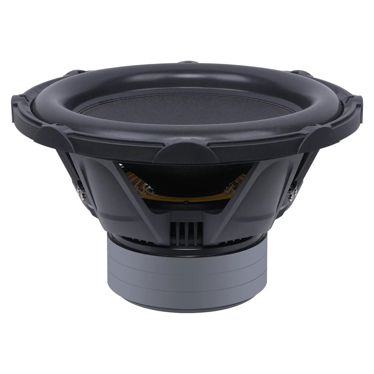 Side view of an Audiopipe subwoofer showing its open black basket, terminal block and stacked magnet