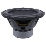 Side view of an Audiopipe subwoofer showing its open black basket, terminal block and stacked magnet
