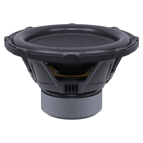 Side view of an Audiopipe subwoofer showing its open black basket, terminal block and stacked magnet