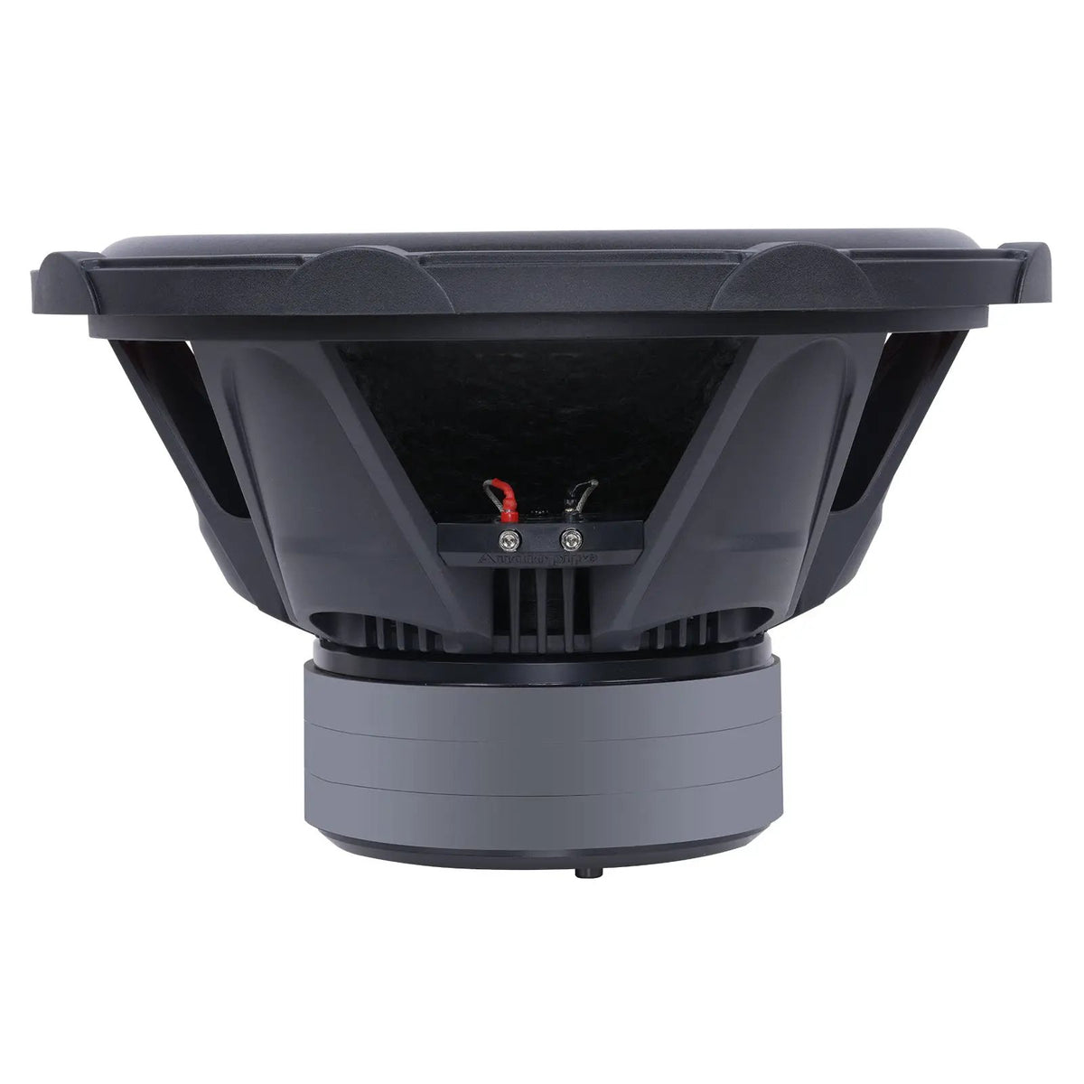 Side profile of an Audiopipe subwoofer with a deep black basket, stacked magnet and braided terminal leads