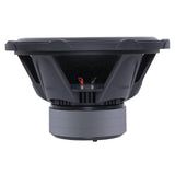 Side profile of an Audiopipe subwoofer with a deep black basket, stacked magnet and braided terminal leads