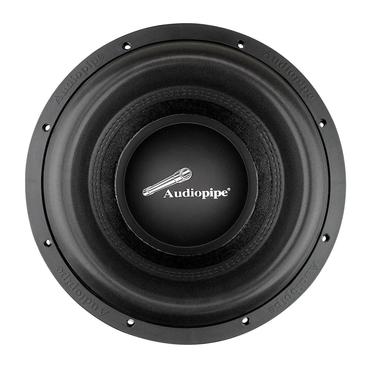 Front view of a black Audiopipe subwoofer with a white logo at the center
