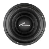 Front view of a black Audiopipe subwoofer with a white logo at the center