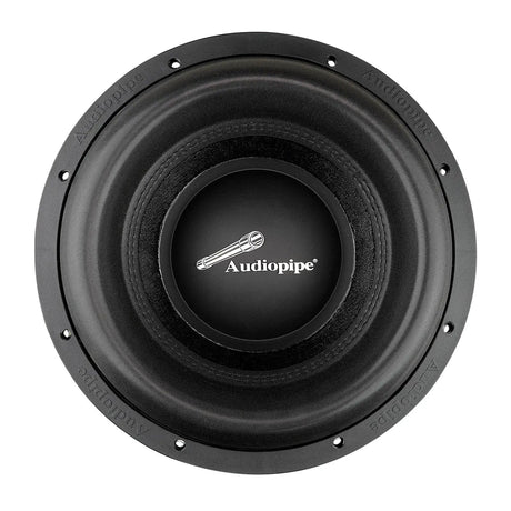 Front view of a black Audiopipe subwoofer with a white logo at the center