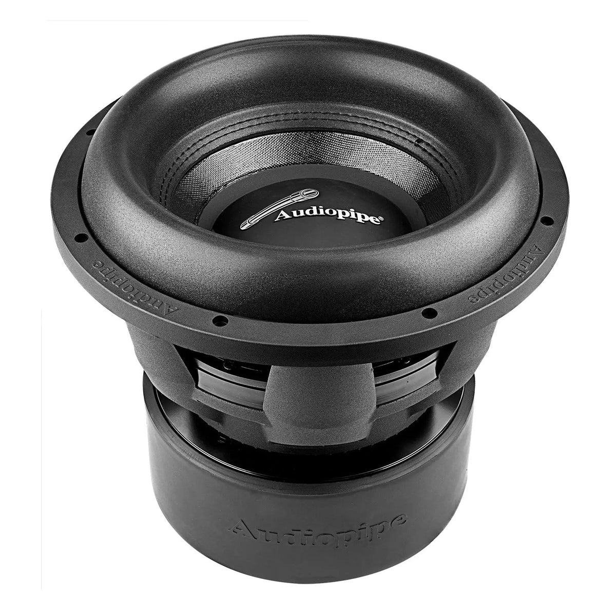 Angled view of a black Audiopipe subwoofer showing its cone, thick surround and basket