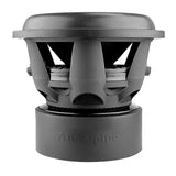 Side view of an Audiopipe subwoofer showing its black basket and large black magnet