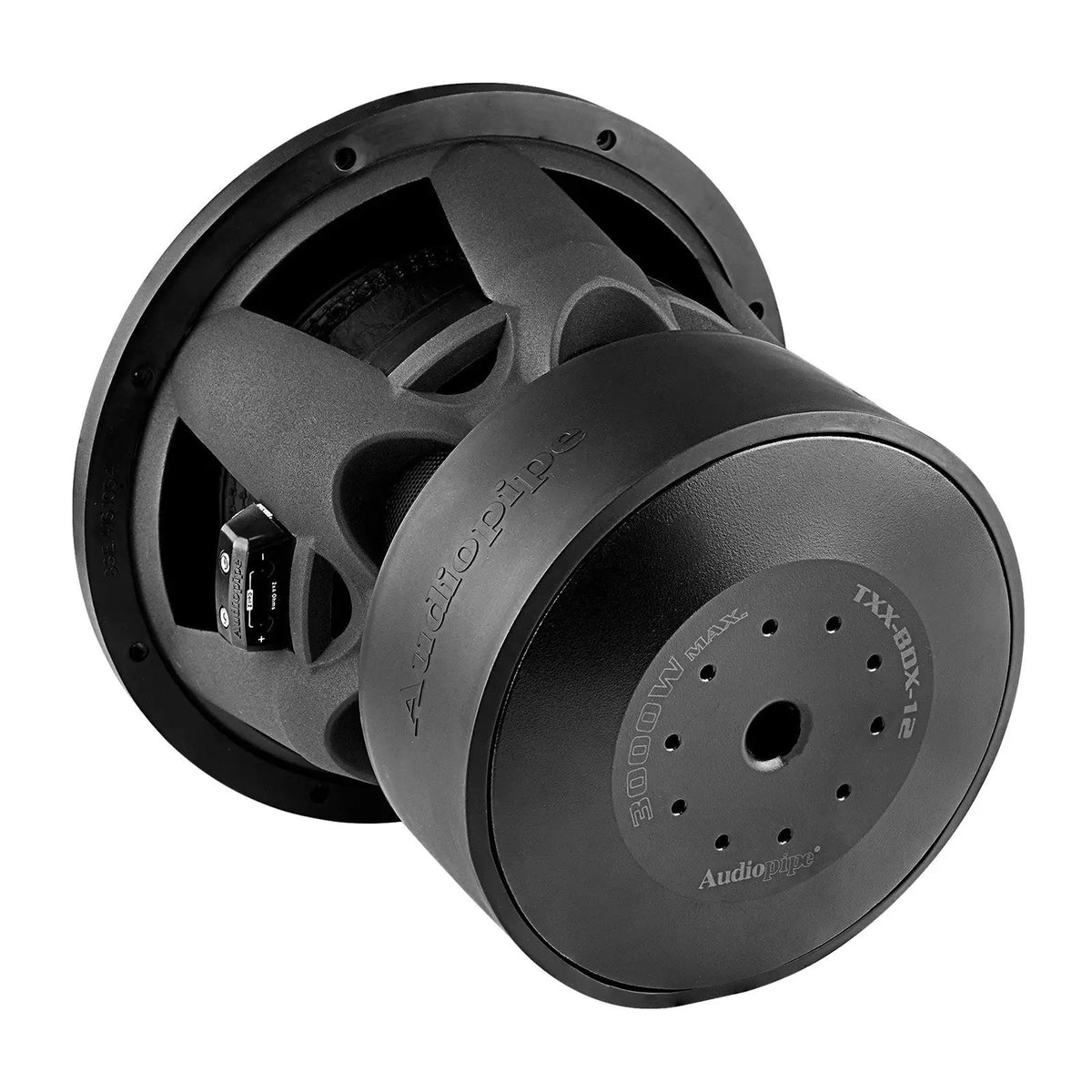 Rear angled view of an Audiopipe subwoofer showing the magnet vents, basket and terminals