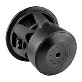 Rear angled view of an Audiopipe subwoofer showing the magnet vents, basket and terminals