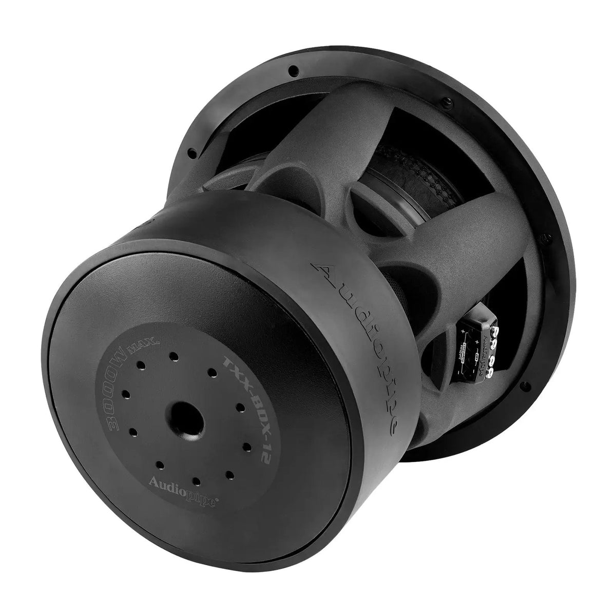 Rear angled view of an Audiopipe subwoofer showing its black magnet and basket from the opposite side