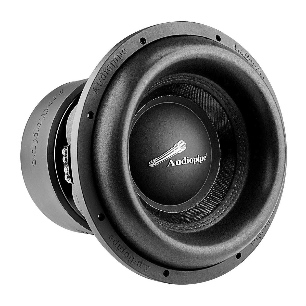 Angled front view of a black Audiopipe subwoofer with a white logo and thick surround