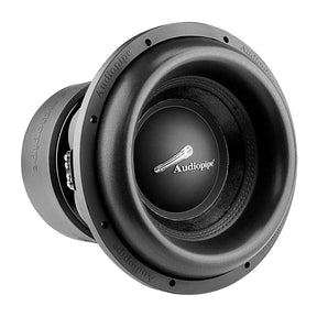 Angled front view of a black Audiopipe subwoofer with a white logo and thick surround