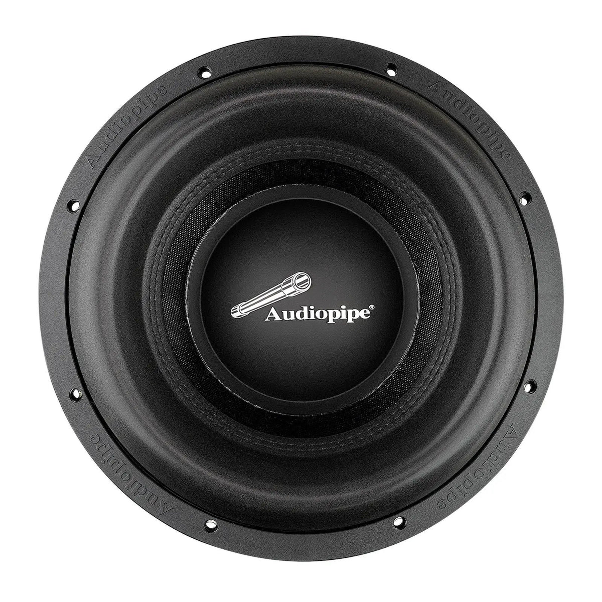 Black Audiopipe subwoofer with a woven-texture cone, front view