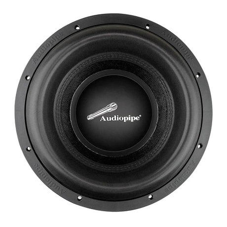 Black Audiopipe subwoofer with a woven-texture cone, front view