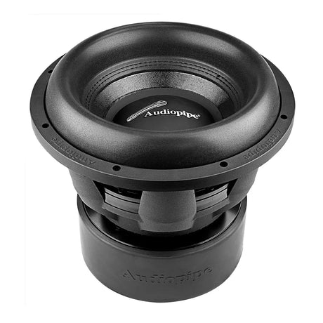 Audiopipe subwoofer viewed from above at an angle, showing its black cone, basket and magnet cover