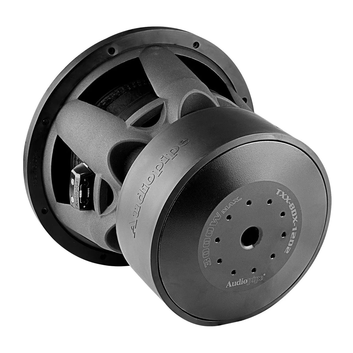 Rear angled view of an Audiopipe subwoofer showing its vented magnet, black basket and terminals