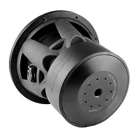 Rear angled view of an Audiopipe subwoofer showing its vented magnet, black basket and terminals