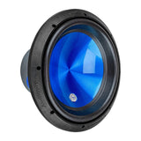 Audiopipe subwoofer with a glossy blue cone, angled view