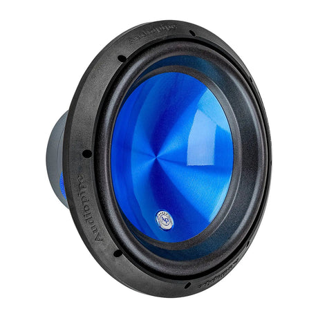 Audiopipe subwoofer with a glossy blue cone, angled view