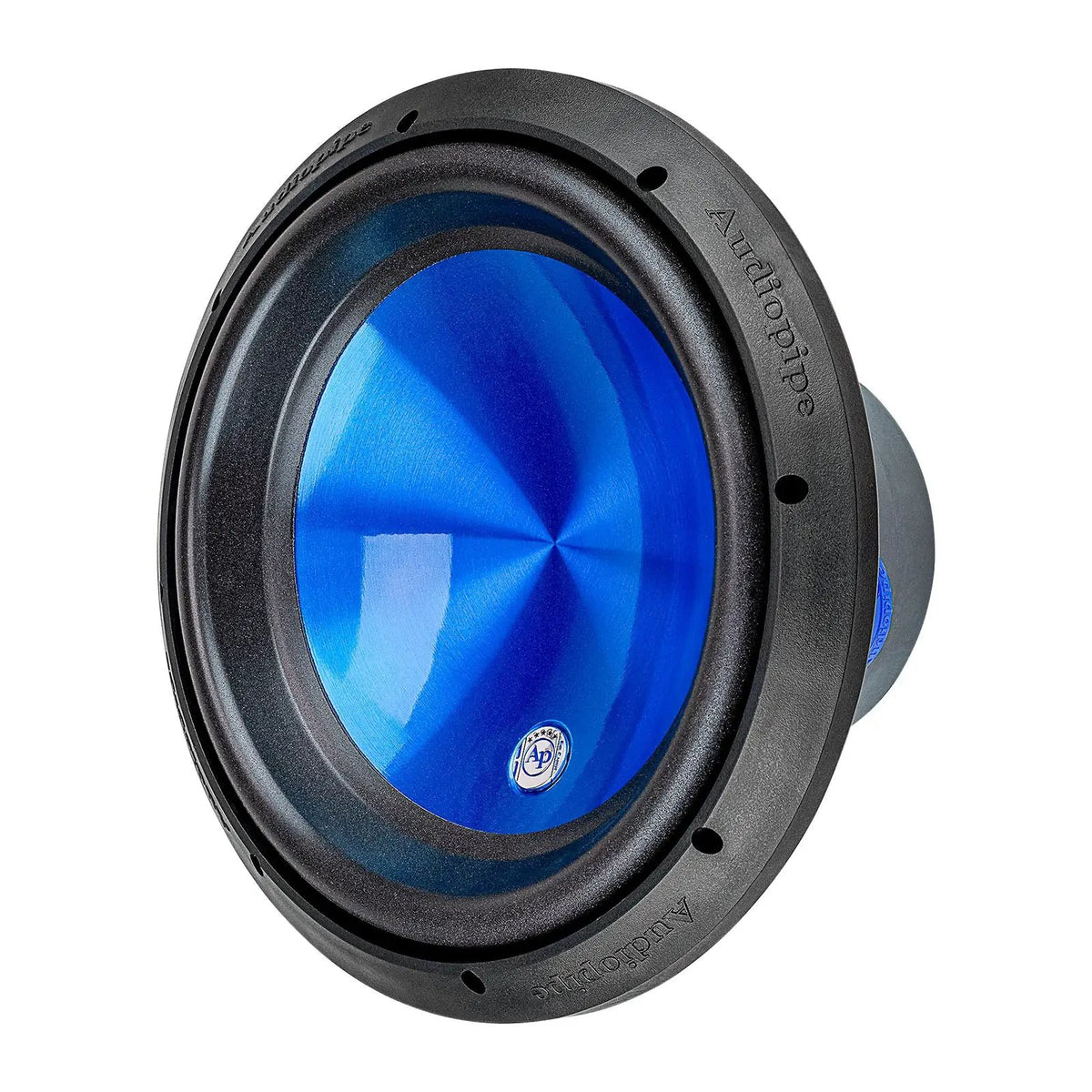 Audiopipe subwoofer with a glossy blue cone, opposite angled view