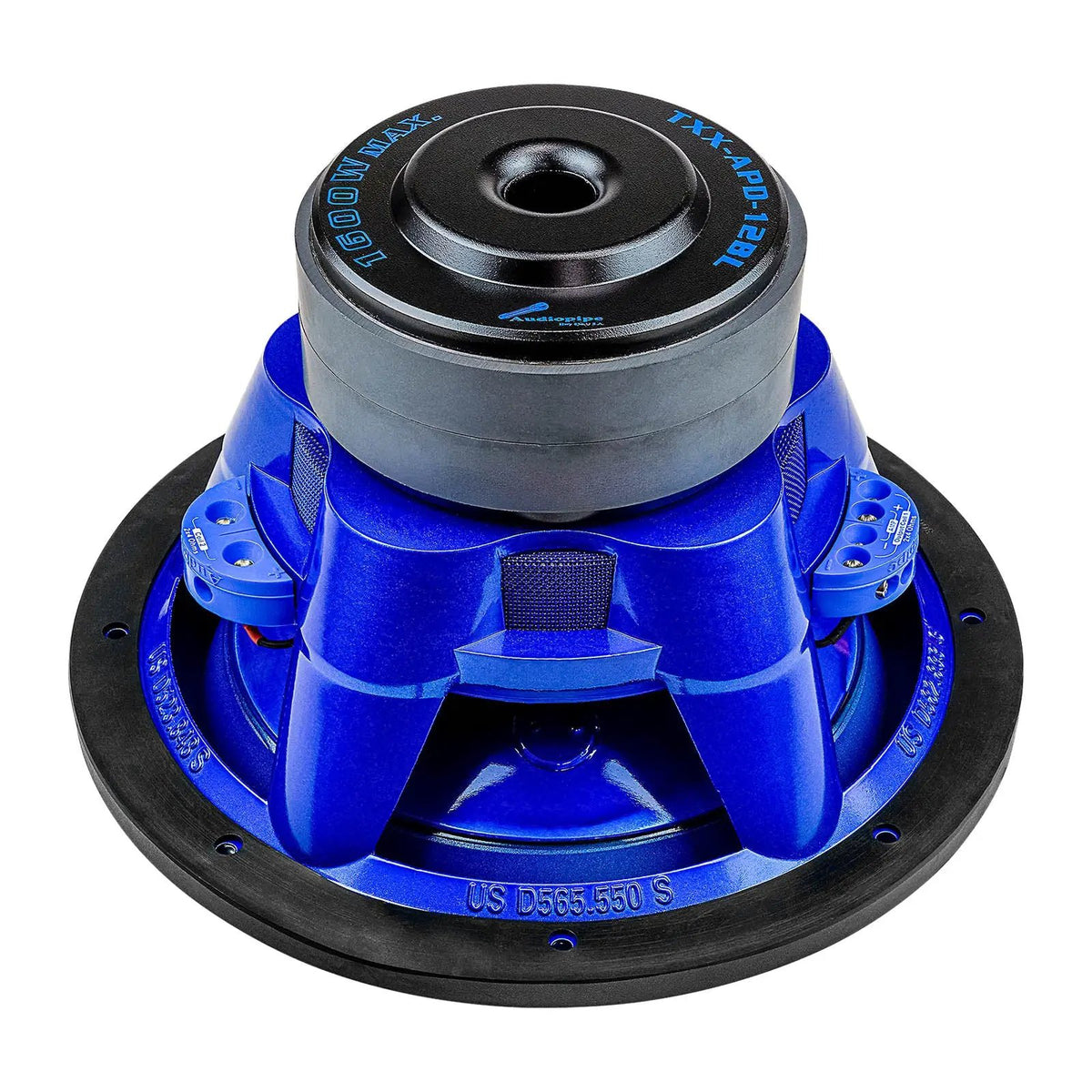Rear-angled view of a blue Audiopipe subwoofer with stacked magnet and basket vents