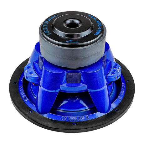 Rear-angled view of a blue Audiopipe subwoofer with stacked magnet and basket vents