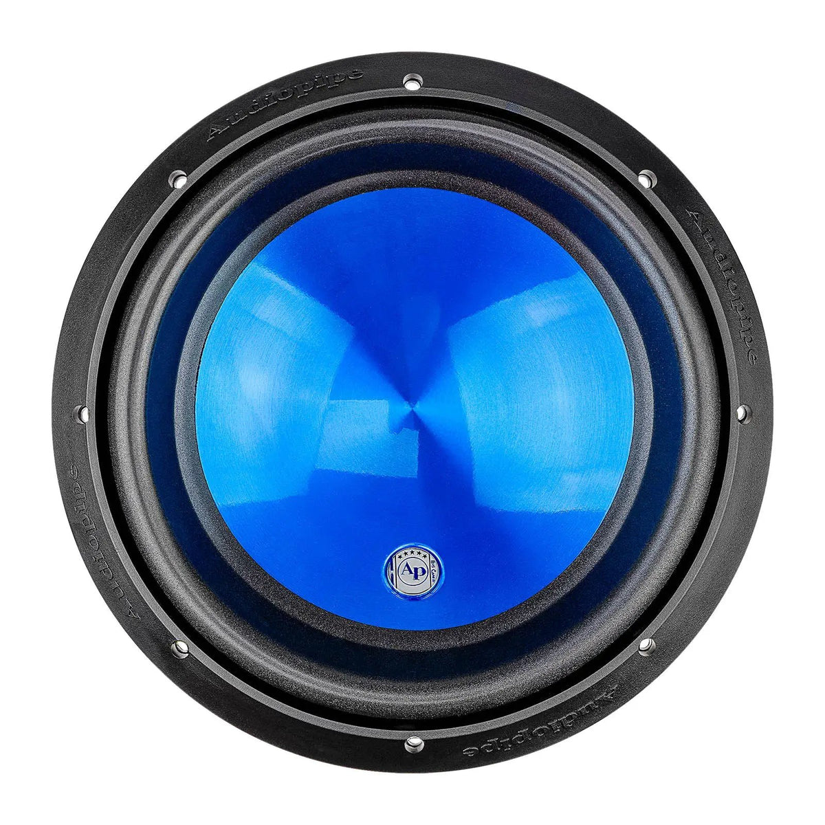Audiopipe subwoofer with a glossy blue cone, front view