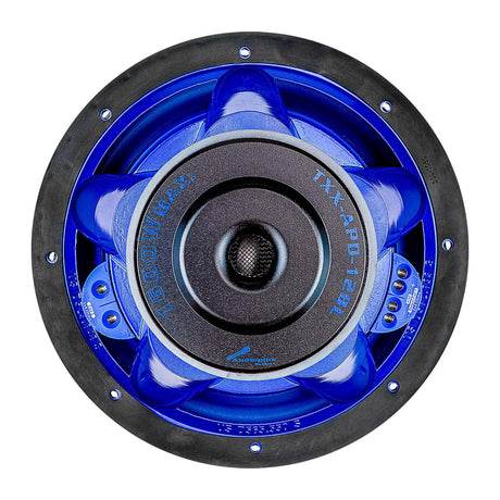 Rear view of a blue Audiopipe subwoofer marked TXX-APD-12BL and 1600W Max