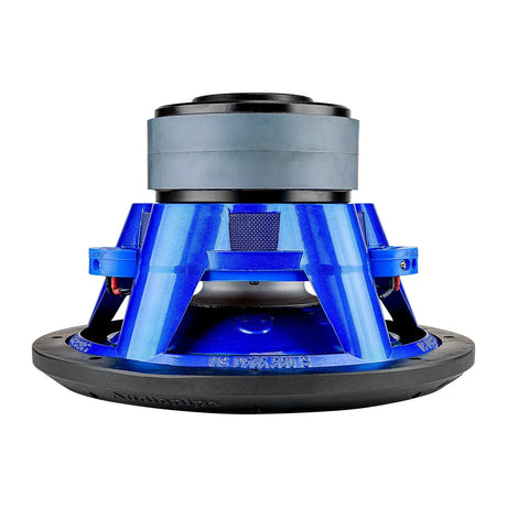 Inverted Audiopipe subwoofer showing a glossy blue basket and gray stacked magnets