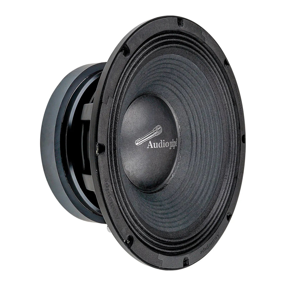 Audiopipe midrange loudspeaker with a ribbed black cone, angled view