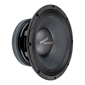 Audiopipe midrange loudspeaker with a ribbed black cone, angled view