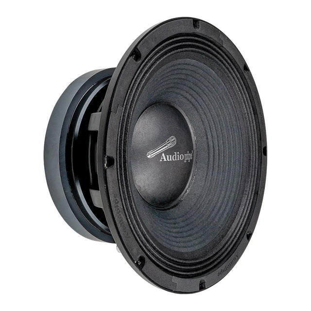 Audiopipe midrange loudspeaker with a ribbed black cone, angled view