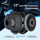 APLMB-12-VC4 feature graphic highlighting vocal reproduction, TIL voice coil and 145 mm mounting depth