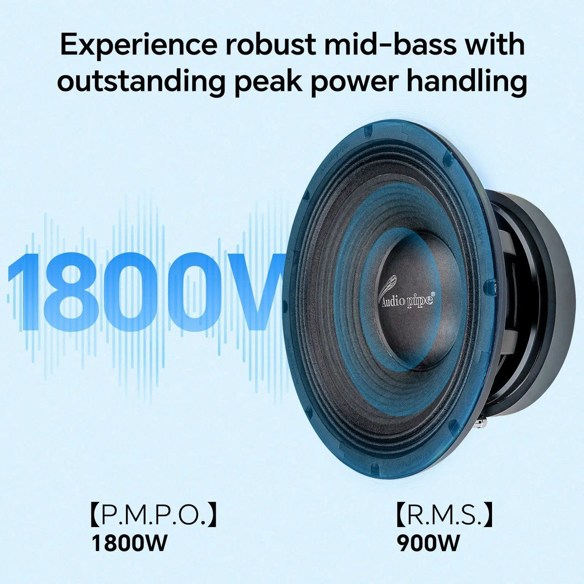 Audiopipe mid-bass loudspeaker graphic highlighting 1800W PMPO and 900W RMS power handling