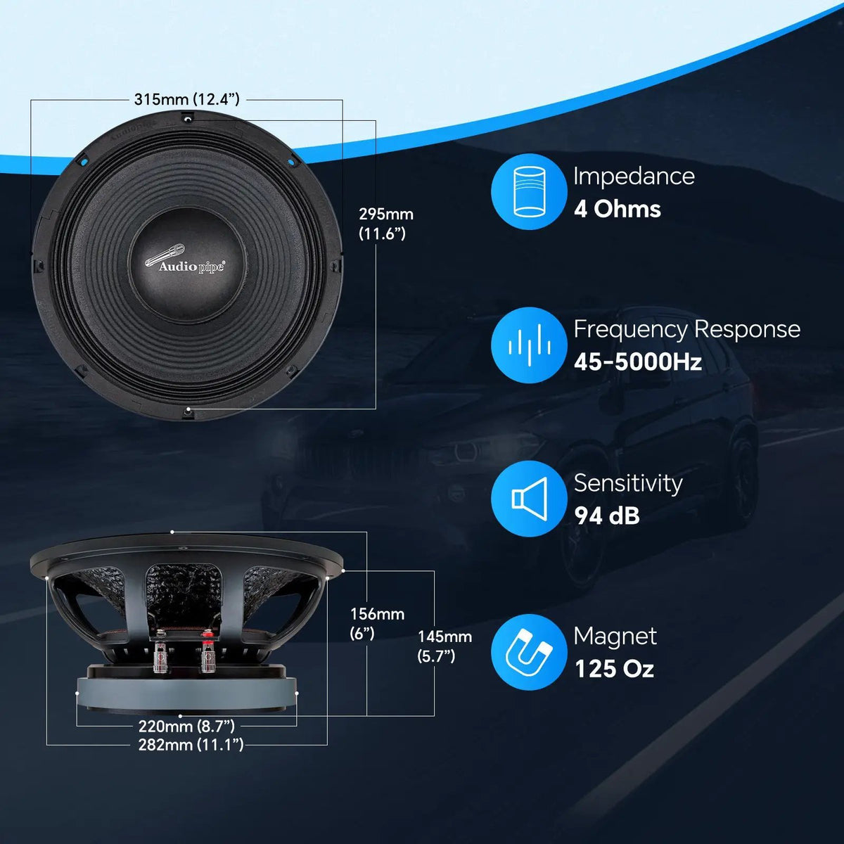 APLMB-12-VC4 specifications graphic listing 4 ohms, 45–5000 Hz response and mounting dimensions