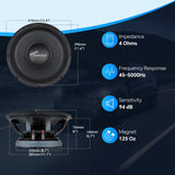 APLMB-12-VC4 specifications graphic listing 4 ohms, 45–5000 Hz response and mounting dimensions